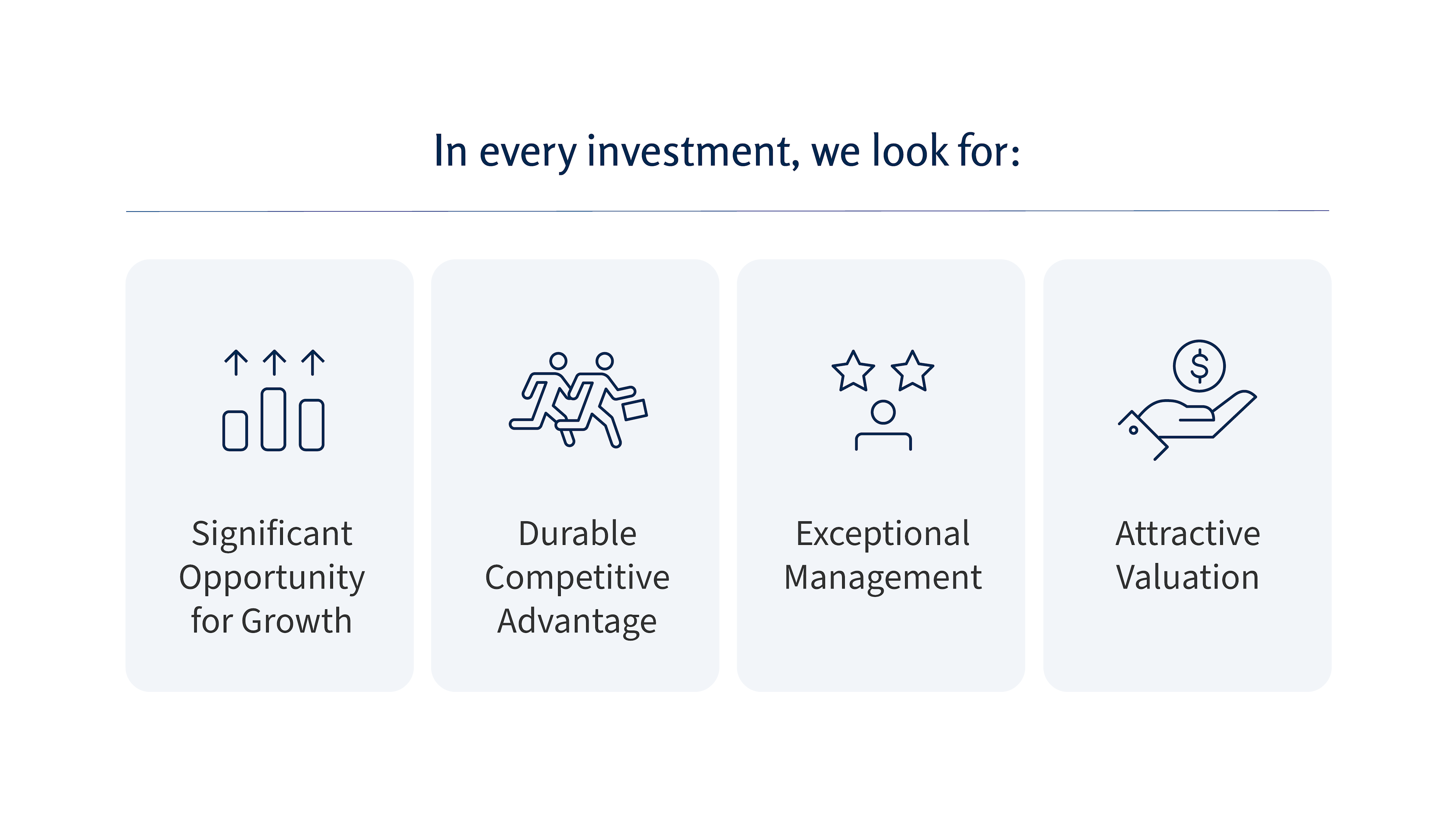 A graphic outlining what we look for in every investment